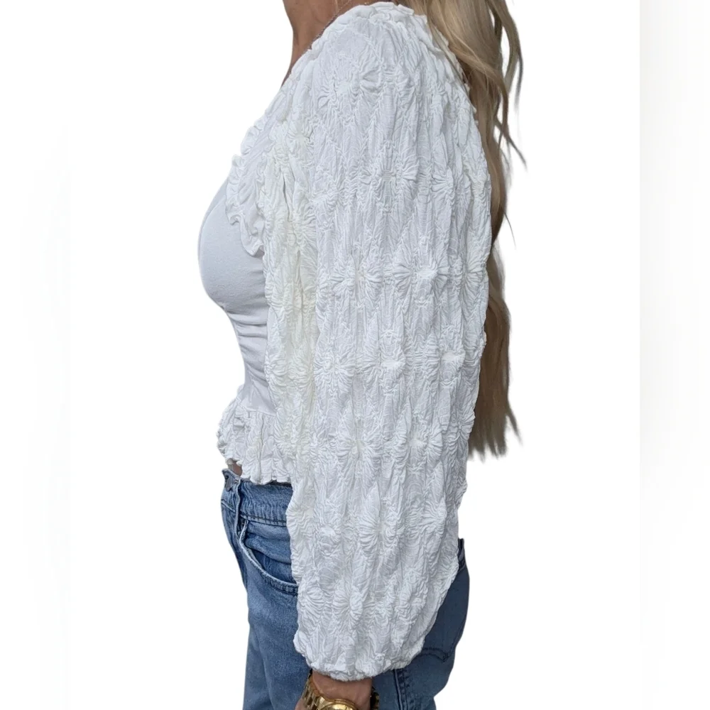 Free People White Ruffle Puff Sleeve Peplum Top Size M Coquette